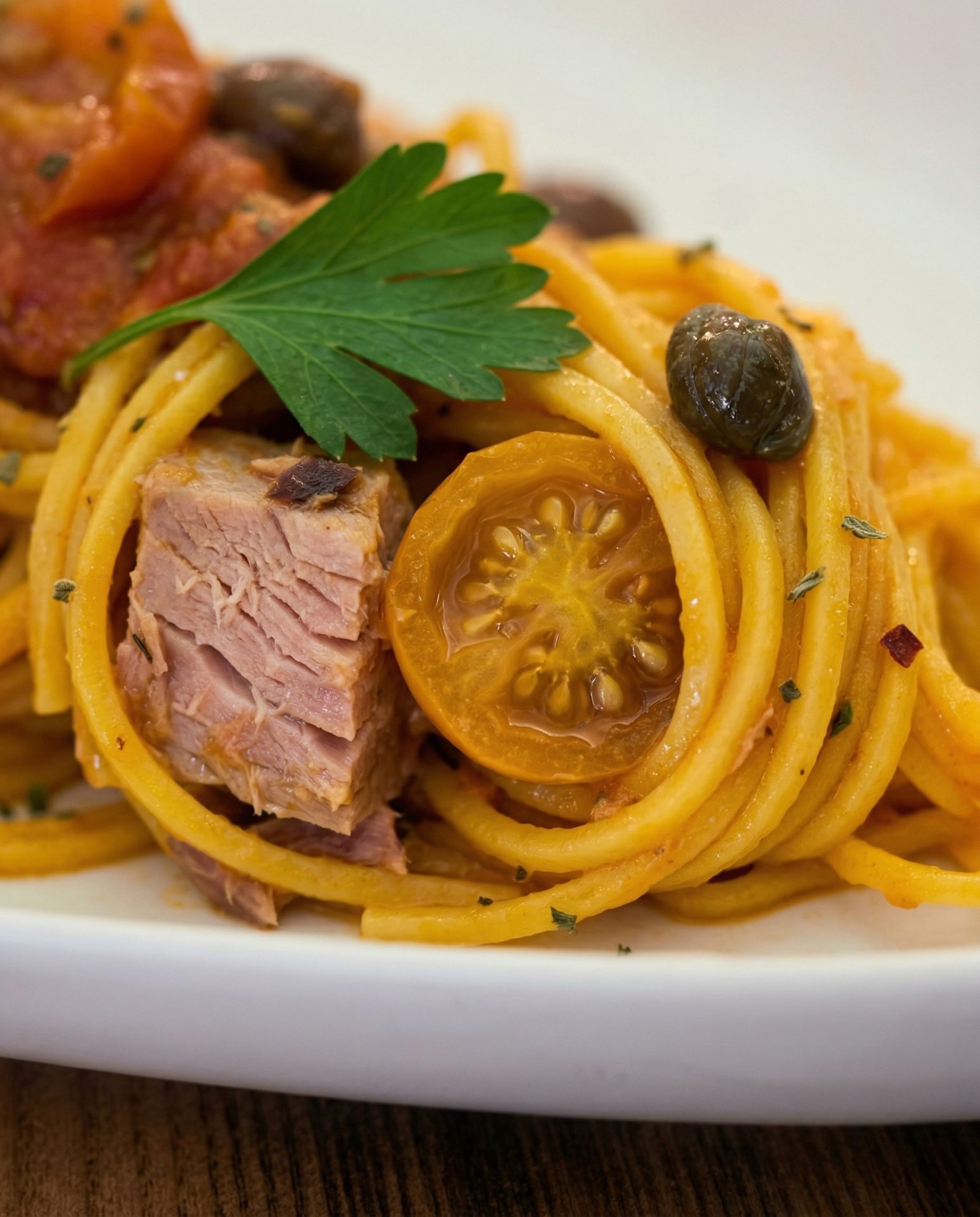 Spaghetti alla chitarra with tuna and cherry tomatoes